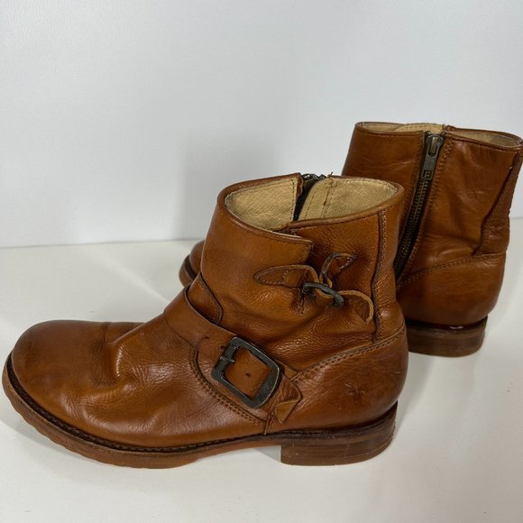 Frye Size 7 Cognac Brown Leather Short Engineer Boots Zippers - Picture 7 of 9